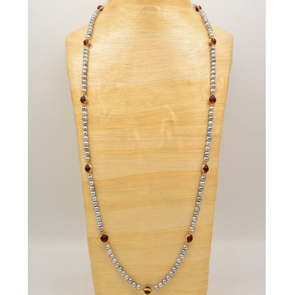 Vintage Cabochon Beaded Necklace Gray Station Pearl Purple Gold Tone 1980s Bin1D